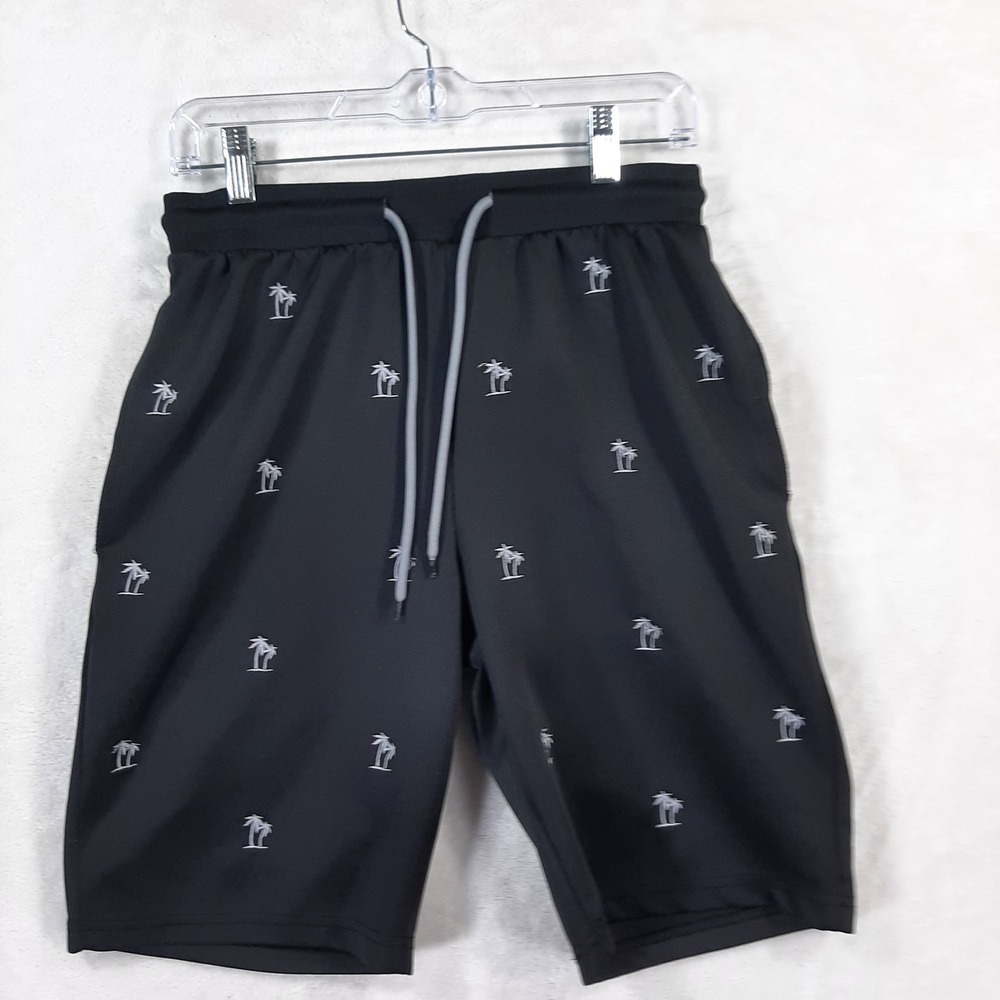 Athletic Black Shorts Embroidered Silver Palm Trees Elastic Drawstring Waist 28"